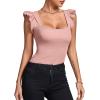 imageLYANER Womens Square Neck Ruffle Cap Sleeve Ribbed Knit Solid Slim Fit Tee TopPink