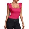imageLYANER Womens Square Neck Ruffle Cap Sleeve Ribbed Knit Solid Slim Fit Tee TopRose