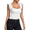 imageLYANER Womens Square Neck Ruffle Cap Sleeve Ribbed Knit Solid Slim Fit Tee TopWhite