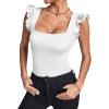 imageLYANER Womens Square Neck Ruffle Cap Sleeve Ribbed Knit Solid Slim Fit Tee TopWhite