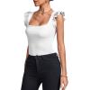 imageLYANER Womens Square Neck Ruffle Cap Sleeve Ribbed Knit Solid Slim Fit Tee TopWhite