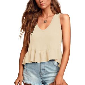 imageLYANER Womens Casual V Neck Peplum Ruffle Hem Sleeveless Babydoll Tank TopBeige