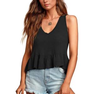 imageLYANER Womens Casual V Neck Peplum Ruffle Hem Sleeveless Babydoll Tank TopBlack