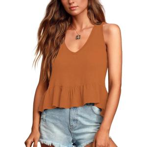 imageLYANER Womens Casual V Neck Peplum Ruffle Hem Sleeveless Babydoll Tank TopCarmel