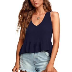 imageLYANER Womens Casual V Neck Peplum Ruffle Hem Sleeveless Babydoll Tank TopDark Blue