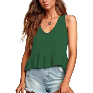 imageLYANER Womens Casual V Neck Peplum Ruffle Hem Sleeveless Babydoll Tank TopDark Green