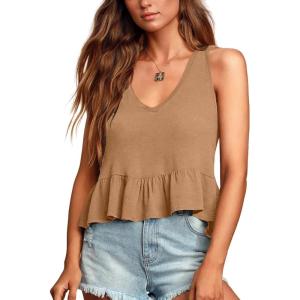 imageLYANER Womens Casual V Neck Peplum Ruffle Hem Sleeveless Babydoll Tank TopKhaki