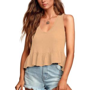 imageLYANER Womens Casual V Neck Peplum Ruffle Hem Sleeveless Babydoll Tank TopLight Khaki
