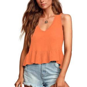 imageLYANER Womens Casual V Neck Peplum Ruffle Hem Sleeveless Babydoll Tank TopOrange