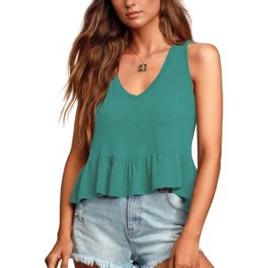 imageLYANER Womens Casual V Neck Peplum Ruffle Hem Sleeveless Babydoll Tank TopTeal