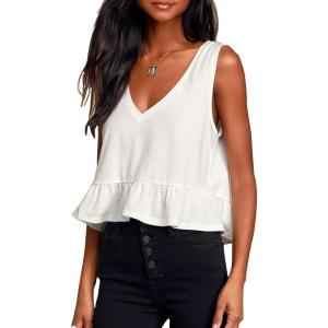 imageLYANER Womens Casual V Neck Peplum Ruffle Hem Sleeveless Babydoll Tank TopWhite