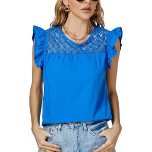 imageLYANER Womens Round Neck Contrast Lace Ruffle Cap Sleeve Tank Tops Shirt BlouseBlue