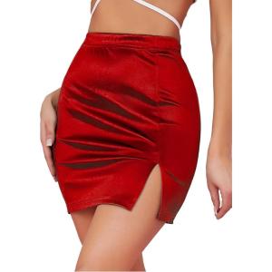 imageLYANER Womens Satin Silky Elastic Wasit Split Slit Hem Bodycon Short SkirtBurgundy