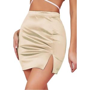 imageLYANER Womens Satin Silky Elastic Wasit Split Slit Hem Bodycon Short SkirtChampagne