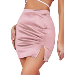 imageLYANER Womens Satin Silky Elastic Wasit Split Slit Hem Bodycon Short SkirtDaisy Pink