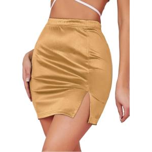 imageLYANER Womens Satin Silky Elastic Wasit Split Slit Hem Bodycon Short SkirtGold