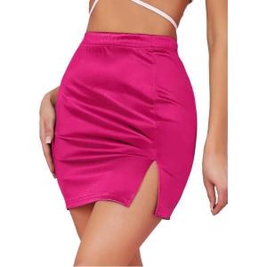 imageLYANER Womens Satin Silky Elastic Wasit Split Slit Hem Bodycon Short SkirtHot Pink