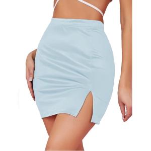 imageLYANER Womens Satin Silky Elastic Wasit Split Slit Hem Bodycon Short SkirtLight Blue