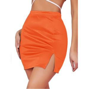 imageLYANER Womens Satin Silky Elastic Wasit Split Slit Hem Bodycon Short SkirtOrange