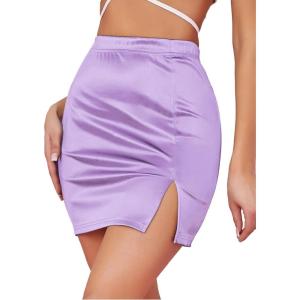imageLYANER Womens Satin Silky Elastic Wasit Split Slit Hem Bodycon Short SkirtPurple