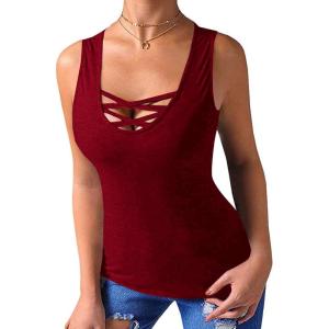 imageLYANER Womens Sexy Scoop Neck Cross Criss Sleeveless Bodycon Basic Tank Tee Shirts TopsRed