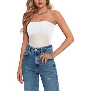 imageLYANER Womens Sexy Sheer Mesh See Through Crop Tube Top Slim Fit Strapless Bandeau Top Sleeveless Crop TanksWhite