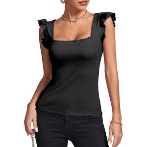 imageLYANER Womens Square Neck Ruffle Cap Sleeve Ribbed Knit Solid Slim Fit Tee TopBlack