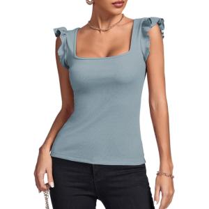 imageLYANER Womens Square Neck Ruffle Cap Sleeve Ribbed Knit Solid Slim Fit Tee TopBlue