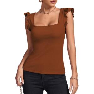 imageLYANER Womens Square Neck Ruffle Cap Sleeve Ribbed Knit Solid Slim Fit Tee TopBrown