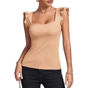 imageLYANER Womens Square Neck Ruffle Cap Sleeve Ribbed Knit Solid Slim Fit Tee TopKhaki