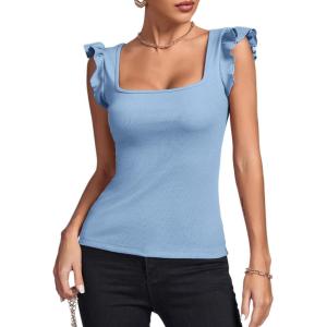 imageLYANER Womens Square Neck Ruffle Cap Sleeve Ribbed Knit Solid Slim Fit Tee TopLight Blue