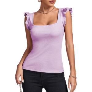 imageLYANER Womens Square Neck Ruffle Cap Sleeve Ribbed Knit Solid Slim Fit Tee TopLight Purple