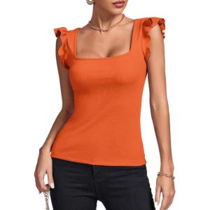 imageLYANER Womens Square Neck Ruffle Cap Sleeve Ribbed Knit Solid Slim Fit Tee TopOrange