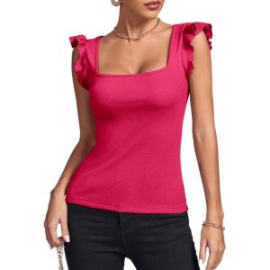 imageLYANER Womens Square Neck Ruffle Cap Sleeve Ribbed Knit Solid Slim Fit Tee TopRose