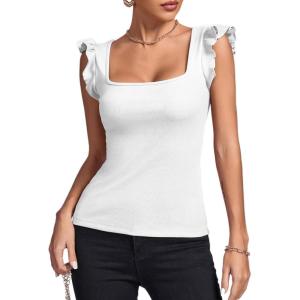 imageLYANER Womens Square Neck Ruffle Cap Sleeve Ribbed Knit Solid Slim Fit Tee TopWhite