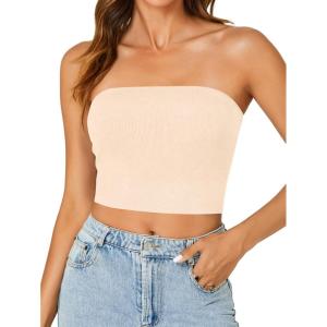 imageLYANER Womens Strapless Rib Knit Sleeveless Bandeau Corset Clue Crop Tube TopBeige