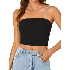 imageLYANER Womens Strapless Rib Knit Sleeveless Bandeau Corset Clue Crop Tube TopBlack