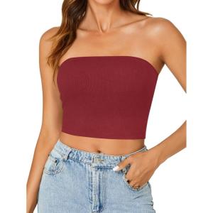 imageLYANER Womens Strapless Rib Knit Sleeveless Bandeau Corset Clue Crop Tube TopBurgundy