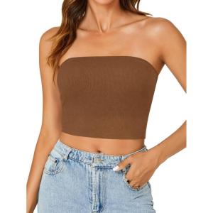 imageLYANER Womens Strapless Rib Knit Sleeveless Bandeau Corset Clue Crop Tube TopBurnt Orange