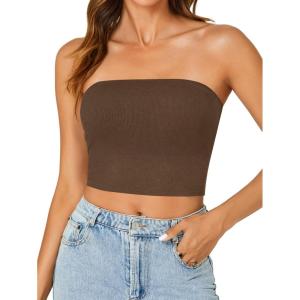 imageLYANER Womens Strapless Rib Knit Sleeveless Bandeau Corset Clue Crop Tube TopCoffee