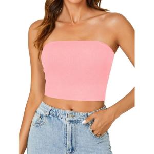 imageLYANER Womens Strapless Rib Knit Sleeveless Bandeau Corset Clue Crop Tube TopPink