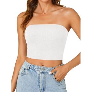 imageLYANER Womens Strapless Rib Knit Sleeveless Bandeau Corset Clue Crop Tube TopWhite