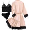 imageLYANER Womens 4pcs Sleepwear Satin Floral Lace Trim Cami Pajama Set with RobeBeige