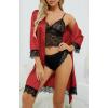 imageLYANER Womens 4pcs Sleepwear Satin Floral Lace Trim Cami Pajama Set with RobeBright Red