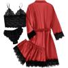 imageLYANER Womens 4pcs Sleepwear Satin Floral Lace Trim Cami Pajama Set with RobeBright Red