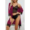 imageLYANER Womens 4pcs Sleepwear Satin Floral Lace Trim Cami Pajama Set with RobeBurgundy
