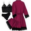 imageLYANER Womens 4pcs Sleepwear Satin Floral Lace Trim Cami Pajama Set with RobeBurgundy