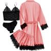 imageLYANER Womens 4pcs Sleepwear Satin Floral Lace Trim Cami Pajama Set with RobeCoral Pink