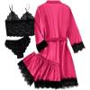 imageLYANER Womens 4pcs Sleepwear Satin Floral Lace Trim Cami Pajama Set with RobeDark Rose