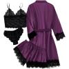 imageLYANER Womens 4pcs Sleepwear Satin Floral Lace Trim Cami Pajama Set with RobeDeep Purple